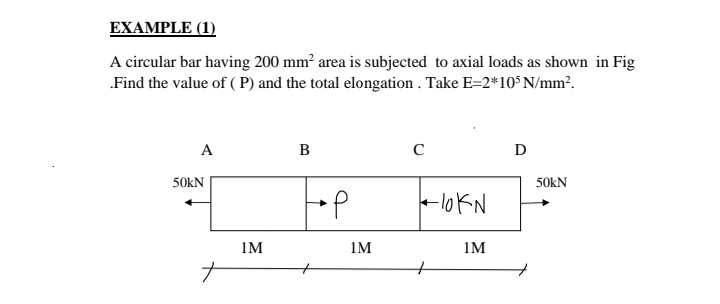 ΕΧΑMPLΕ 1)
A circular bar having 200 mm? area is subjected to axial loads as shown in Fig
„Find the value of ( P) and the total elongation . Take E=2*10° N/mm?.
A
в
C
D
50kN
50kN
-lo kN
1M
1M
1M
