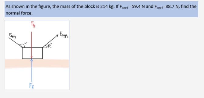 As shown in the figure, the mass of the block is 214 kg. If Fappi= 59.4 N and Fapp2=38.7 N, find the
normal force.
Fapp.
Fopps
FR
