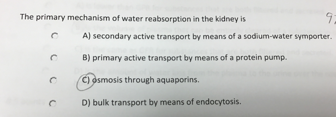 The primary mechanism of water reabsorption in the kidney is
A) secondary active transport by means of a sodium-water symporter.
B) primary active transport by means of a protein pump.
C) osmosis through aquaporins.
D) bulk transport by means of endocytosis.

