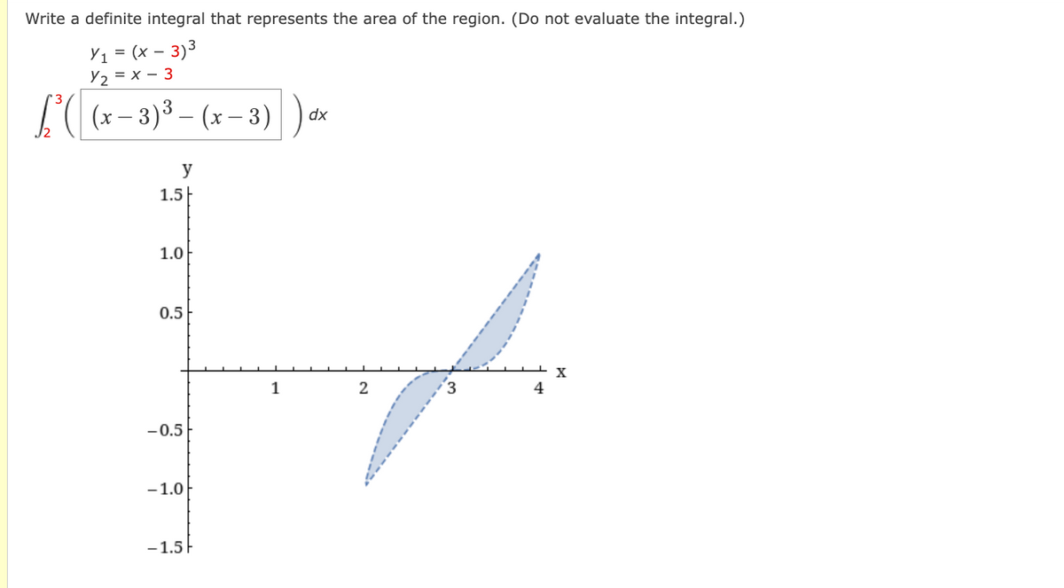 Write a definite integral that represents the area of the region. (Do not evaluate the integral.)
Y₁ = (x − 3)³
Y₂ = x - 3
L²((x − 3) ³ - (x − 3))
dx
y
1.5
1.0
0.5
-0.5
-1.0
-1.5
1
2
3
4