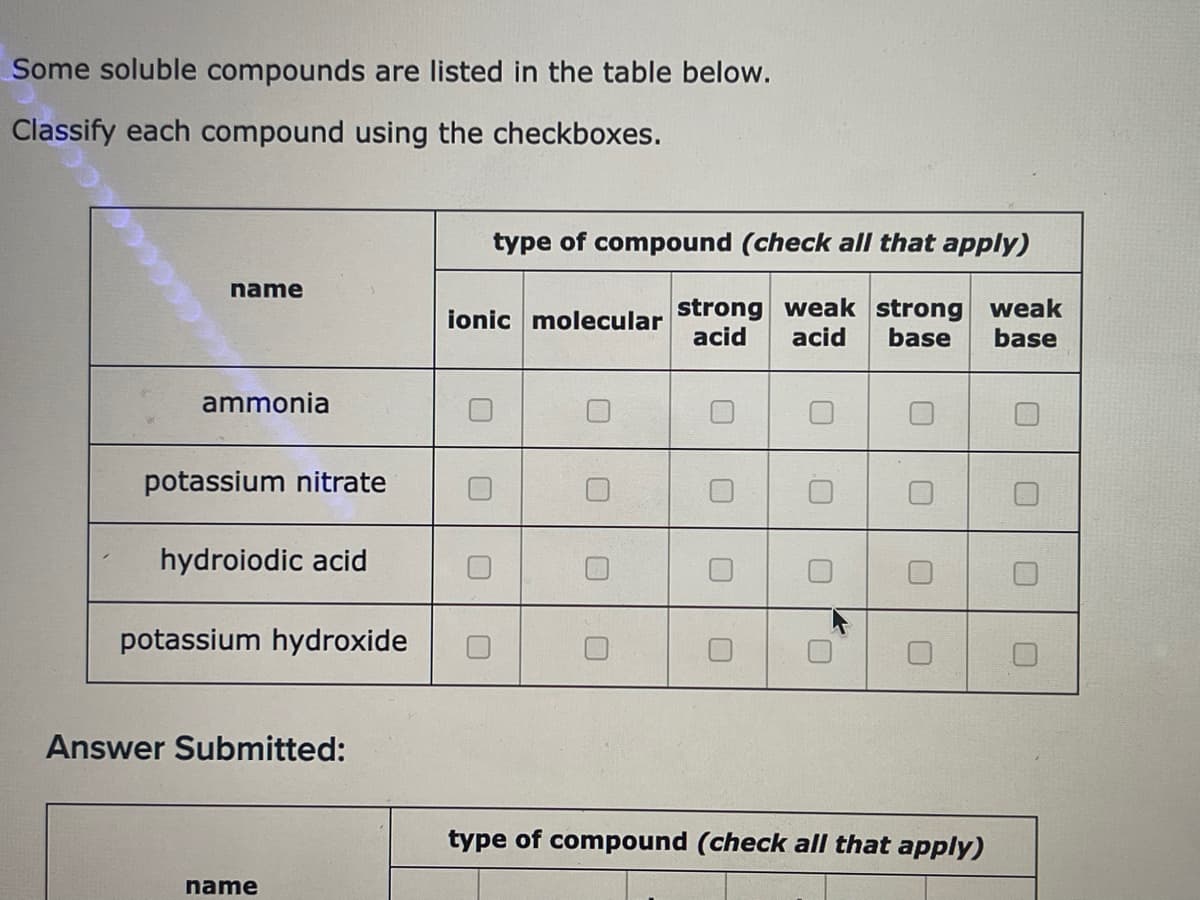 Some soluble compounds are listed in the table below.
Classify each compound using the checkboxes.
cccccccc
name
ammonia
potassium nitrate
hydroiodic acid
potassium hydroxide
Answer Submitted:
name
type of compound (check all that apply)
ionic molecular strong weak strong weak
acid acid base
base
0
type of compound (check all that apply)
