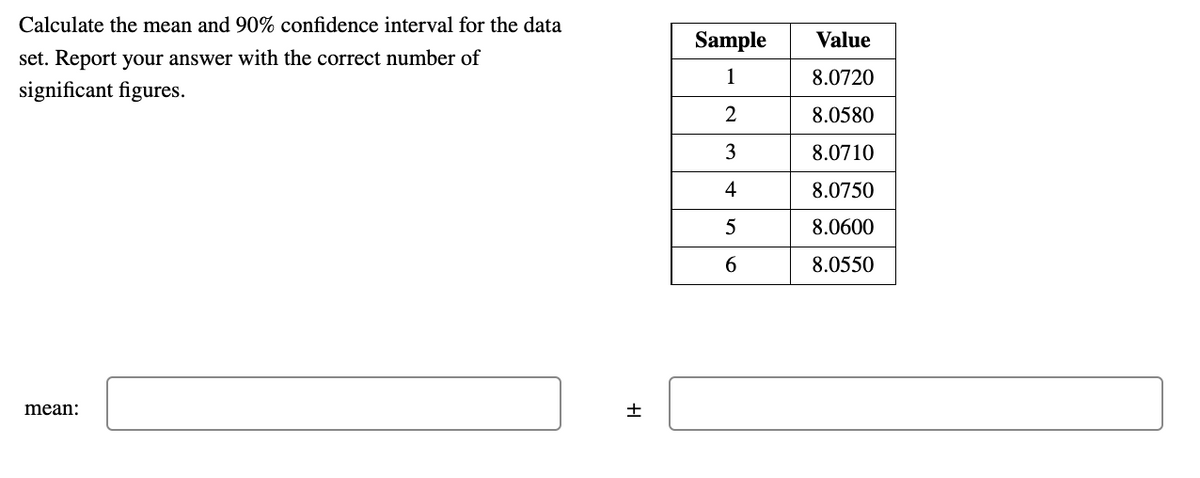 Calculate the mean and 90% confidence interval for the data
set. Report your answer with the correct number of
significant figures.
mean:
I+
±
Sample
1
2
3
4
5
6
Value
8.0720
8.0580
8.0710
8.0750
8.0600
8.0550
