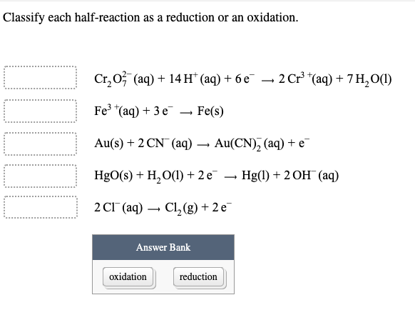 Classify each half-reaction as a reduction or an oxidation.
10⁰00
Cr₂O² (aq) + 14 H+ (aq) + 6 e¯ → 2 Cr³ ¹(aq) + 7 H₂O(1)
Fe³+ (aq) + 3 e
- Fe(s)
Au(s) + 2 CN (aq) -
→
Au(CN)₂ (aq) + e¯
HgO(s) + H₂O(1) + 2 e¯ → Hg(1) + 2 OH (aq)
2 CI (aq) → Cl₂(g) + 2 e
Answer Bank
oxidation
reduction