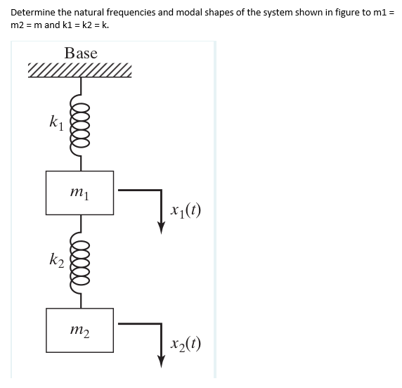 Determine the natural frequencies and modal shapes of the system shown in figure to m1 =
m2 = m and k1 = k2 = k.
Base
k₁
K₂
exxxx
m1
00000
m2
x₁ (t)
x₂ (1)