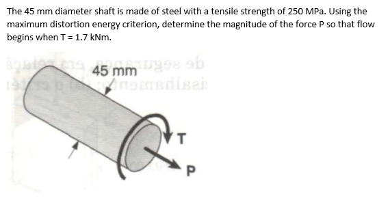 The 45 mm diameter shaft is made of steel with a tensile strength of 250 MPa. Using the
maximum distortion energy criterion, determine the magnitude of the force P so that flow
begins when T = 1.7 kNm.
ab
45 mm 98 ob
nomadisei
T
P