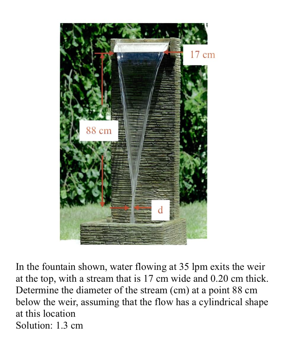 88 cm
d
17 cm
In the fountain shown, water flowing at 35 lpm exits the weir
at the top, with a stream that is 17 cm wide and 0.20 cm thick.
Determine the diameter of the stream (cm) at a point 88 cm
below the weir, assuming that the flow has a cylindrical shape
at this location
Solution: 1.3 cm