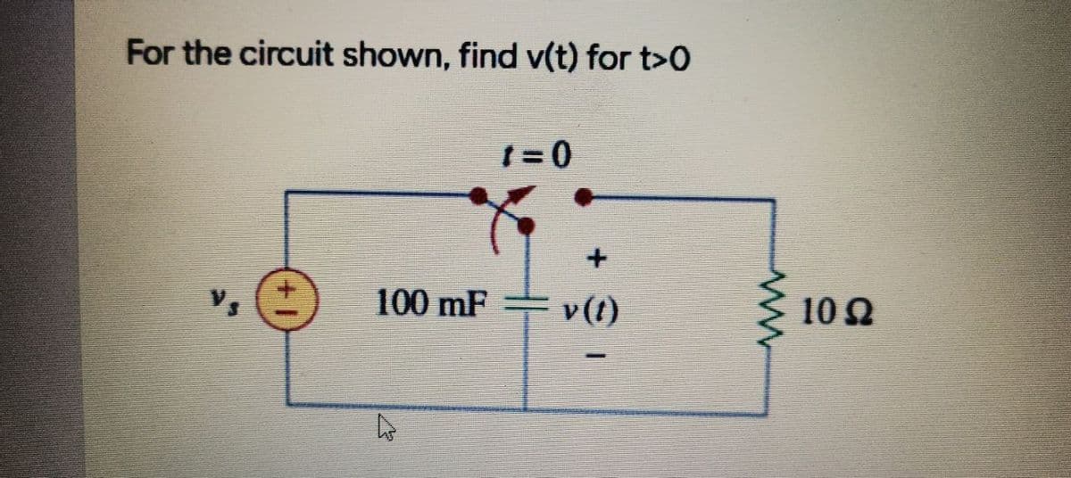 For the circuit shown, find v(t) for t>0
100 mF
4
t=0
v (1)
www
10Q2