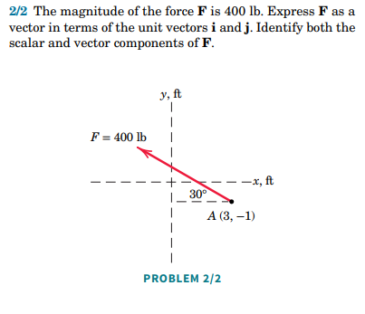 2/2 The magnitude of the force F is 400 lb. Express F as a
vector in terms of the unit vectors i and j. Identify both the
scalar and vector components of F.
y, ft
F = 400 lb
-x, ft
30°
A (3,-1)
PROBLEM 2/2