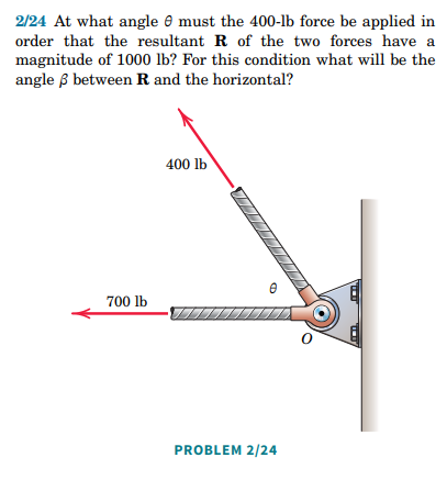 2/24 At what angle must the 400-lb force be applied in
order that the resultant R of the two forces have a
magnitude of 1000 lb? For this condition what will be the
angle between R and the horizontal?
400 lb
700 lb
e
PROBLEM 2/24