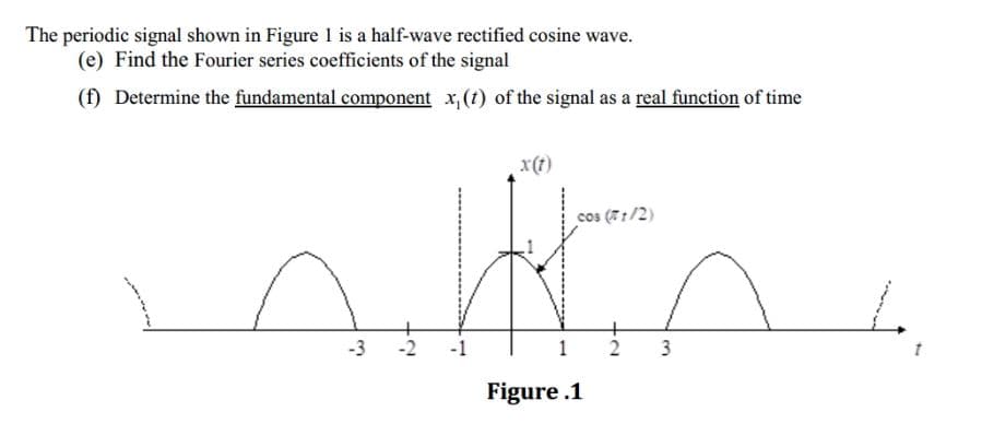 The periodic signal shown in Figure 1 is a half-wave rectified cosine wave.
(e) Find the Fourier series coefficients of the signal
(f) Determine the fundamental component x, (1) of the signal as a real function of time
x(t)
cos (7:/2)
-3
-2
3
Figure .1
