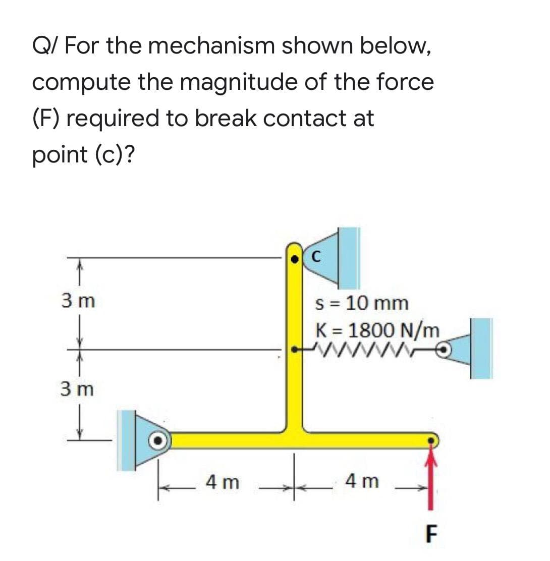 Q/ For the mechanism shown below,
compute the magnitude of the force
(F) required to break contact at
point (c)?
C
3 m
s = 10 mm
K = 1800 N/m
www.O
3 m
4 m
4 m
+
F
