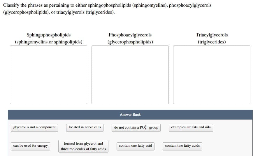 Classify the phrases as pertaining to either sphingophospholipids (sphingomyelins), phosphoacylglycerols
(glycerophospholipids), or triacylglyerols (triglycerides).
Sphingophospholipids
(sphingomyelins or sphingolipids)
Phosphoacylglycerols
(glycerophospholipids)
Triacylglycerols
(triglycerides)
Answer Bank
glycerol is not a component
do not contain a l PO
can be used for energy
located in nerve cells
formed from glycerol and
three molecules of fatty acids
group
contain one fatty acid
examples are fats and oils
contain two fatty acids