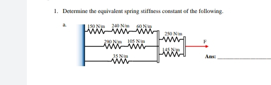 1. Determine the equivalent spring stiffness constant of the following.
240 N/m
wwwwww
a.
150 N/m
60 N/m
250 N/m
290 N/m
105 N/m
F
145 N/m
35 N/m
Ans:
