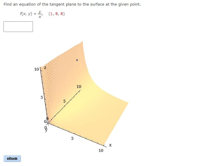 Find an equation of the tangent plane to the surface at the given point.
f(x, y) = L, (1, 8, 8)
%3D
10
10
5
X
10
eBook
