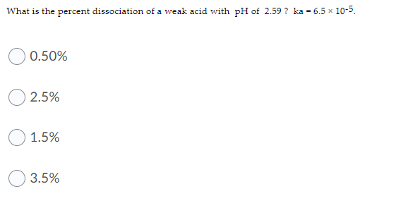 What is the percent dissociation of a weak acid with pH of 2.59 ? ka = 6.5 x 10-5.
0.50%
2.5%
1.5%
3.5%
