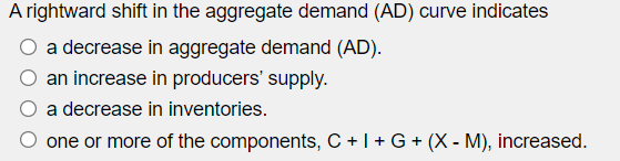 A rightward shift in the aggregate demand (AD) curve indicates
O a decrease in aggregate demand (AD).
O an increase in producers' supply.
O a decrease in inventories.
one or more of the components, C + | + G + (X - M), increased.
