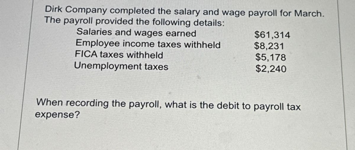 Dirk Company completed the salary and wage payroll for March.
The payroll provided the following details:
Salaries and wages earned
Employee income taxes withheld
FICA taxes withheld
Unemployment taxes
$61,314
$8,231
$5,178
$2,240
When recording the payroll, what is the debit to payroll tax
expense?