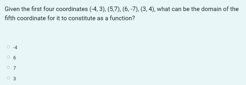Given the first four coordinates (-4, 3), (5,7), (6, -7), (3, 4), what can be the domain of the
fifth coordinate for it to constitute as a function?
O -4
O 7
3
