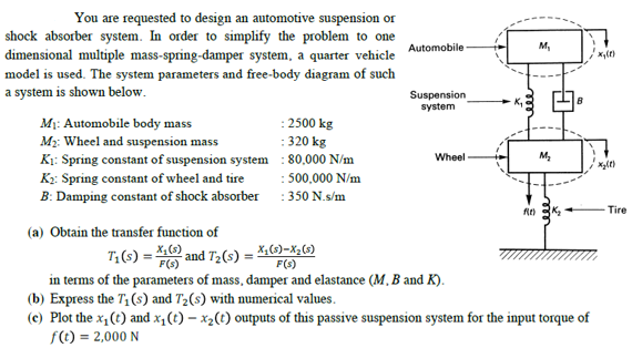 You are requested to design an automotive suspension or
shock absorber system. In order to simplify the problem to one
dimensional multiple mass-spring-damper system, a quarter vehicle
model is used. The system parameters and free-body diagram of such
a system is shown below.
Automobile
M,
Suspension
system
Mi: Automobile body mass
My: Wheel and suspension mass
K: Spring constant of suspension system : 80,000 N/m
: 2500 kg
: 320 kg
Wheel
K;: Spring constant of wheel and tire
B: Damping constant of shock absorber : 350 N.s/m
: 500,000 N/m
- Tire
(a) Obtain the transfer function of
T;(s) =
and T2(s) = X,(9)-X;(s)
F(s)
%3D
F(s)
in terms of the parameters of mass, damper and elastance (M, B and K).
(b) Express the T,(s) and T2(s) with numerical values.
(c) Plot the x,(t) and x,(t) – x2(t) outputs of this passive suspension system for the input torque of
f(t) = 2,000 N
