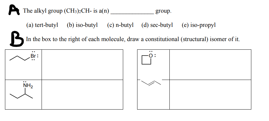 A The alkyl group (CH3)2CH- is a(n)
group.
(a) tert-butyl (b) iso-butyl (c) n-butyl (d) sec-butyl (e) iso-propyl
B
In the box to the right of each molecule, draw a constitutional (structural) isomer of it.
Br:
NH₂