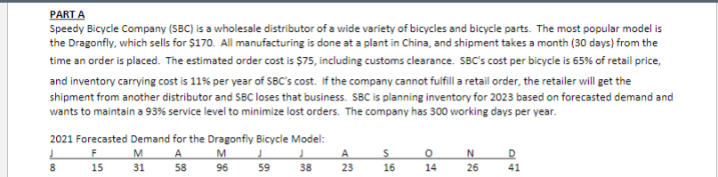 PART A
Speedy Bicycle Company (SBC) is a wholesale distributor of a wide variety of bicycles and bicycle parts. The most popular model is
the Dragonfly, which sells for $170. All manufacturing is done at a plant in China, and shipment takes a month (30 days) from the
time an order is placed. The estimated order cost is $75, including customs clearance. SBC's cost per bicycle is 65% of retail price,
and inventory carrying cost is 11% per year of SBC's cost. If the company cannot fulfill a retail order, the retailer will get the
shipment from another distributor and SBC loses that business. SBC is planning inventory for 2023 based on forecasted demand and
wants to maintain a 93% service level to minimize lost orders. The company has 300 working days per year.
2021 Forecasted Demand for the Dragonfly Bicycle Model:
F
A
J
15
58
J
8
M
31
M
96
J
59
38
A
23
S
16
0
14
N
26
D
41