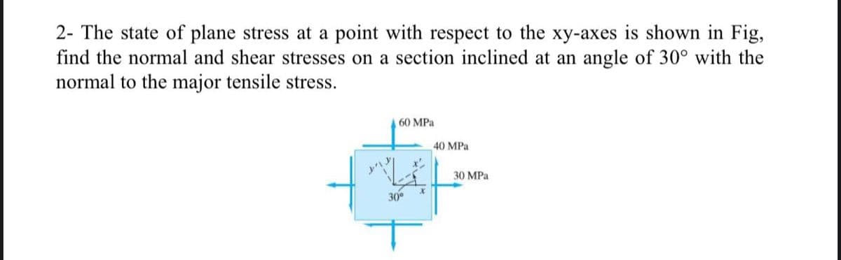 2- The state of plane stress at a point with respect to the xy-axes is shown in Fig,
find the normal and shear stresses on a section inclined at an angle of 30° with the
normal to the major tensile stress.
60 MPa
40 MPa
30 MPa
30°

