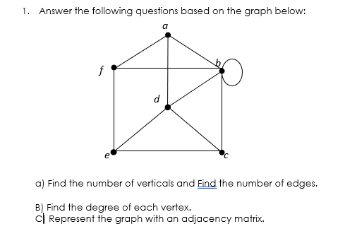 1. Answer the following questions based on the graph below:
a
d
a) Find the number of verticals and Find the number of edges.
B) Find the degree of each vertex.
C) Represent the graph with an adjacency matrix.
