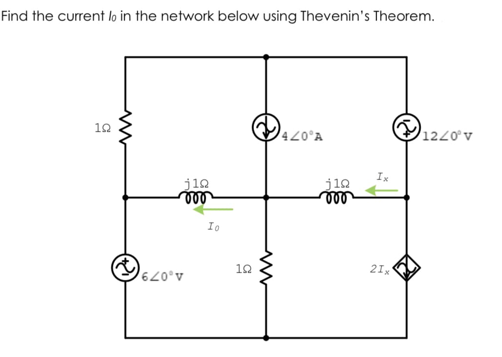 Find the current lo in the network below using Thevenin's Theorem.
420°A
12
1220°v
Ix
j12
j10
elll
Io
12
2Ix
A.079,
