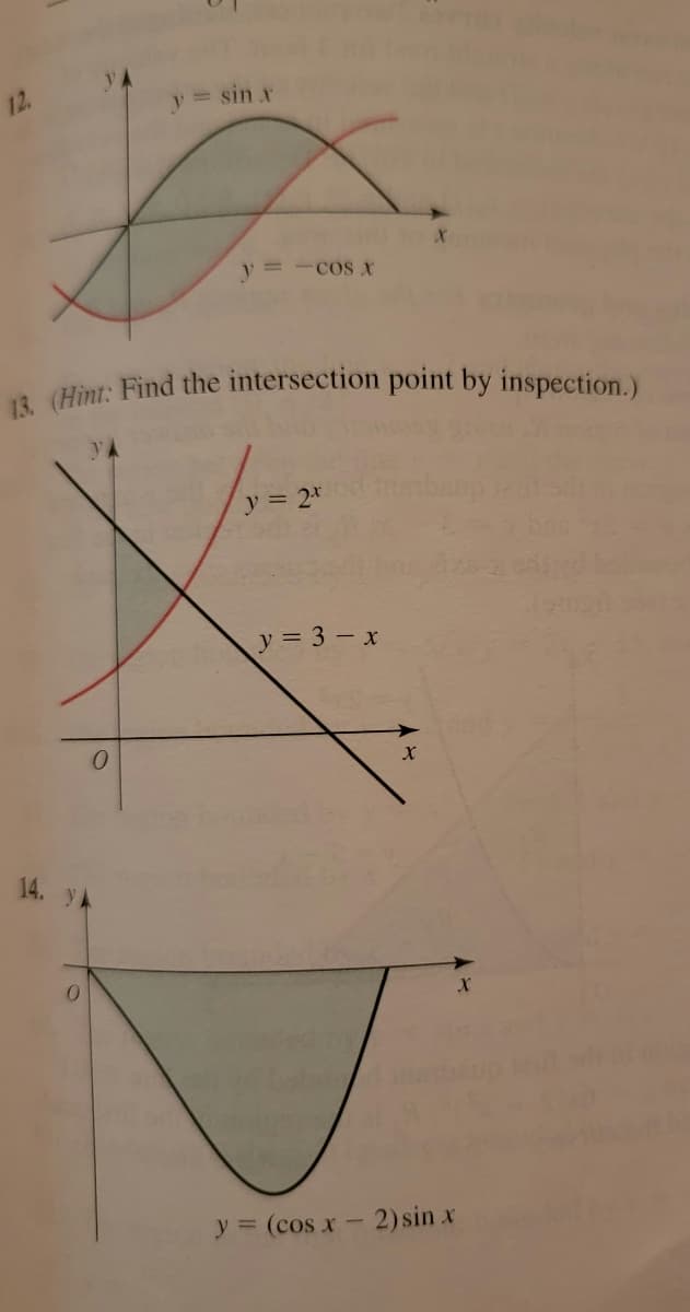 0
y = sin x
13. (Hint: Find the intersection point by inspection.)
0
=-COS X
y = 2x
y = 3-x
X
y = (cos x - 2) sin x
X