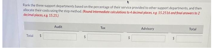 Rank the three support departments based on the percentage of their service provided to other support departments, and then
allocate their costs using the step method. (Round intermediate calculations to 4 decimal places, eg. 15.2516 and final answers to 2
decimal places, eg. 15.25.)
Total
Audit
Tax
Advisory
Total
