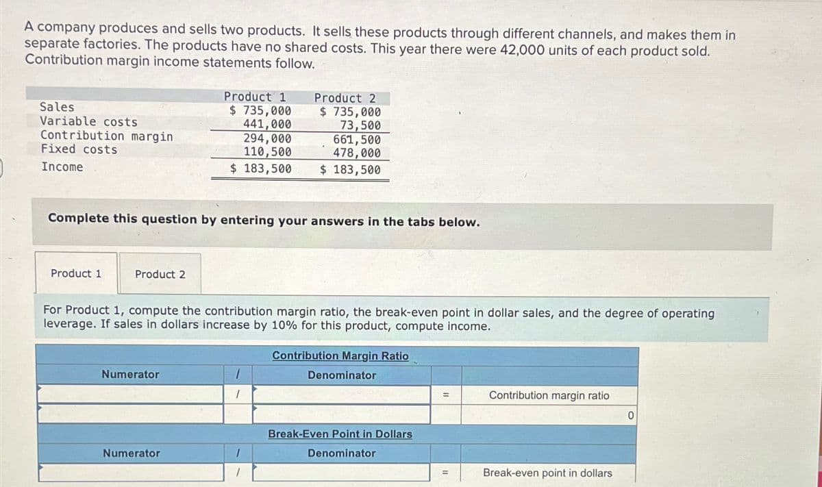 A company produces and sells two products. It sells these products through different channels, and makes them in
separate factories. The products have no shared costs. This year there were 42,000 units of each product sold.
Contribution margin income statements follow.
Sales
Variable costs
Contribution margin
Fixed costs
Income
Product 1
Complete this question by entering your answers in the tabs below.
Product 2
Product 1
$ 735,000
441,000
294,000
110,500
$ 183,500
Numerator
For Product 1, compute the contribution margin ratio, the break-even point in dollar sales, and the degree of operating
leverage. If sales in dollars increase by 10% for this product, compute income.
Numerator
Product 2
$ 735,000
73,500
661,500
478,000
$ 183,500
1
Contribution Margin Ratio
Denominator
Break-Even Point in Dollars
Denominator
=
Contribution margin ratio
Break-even point in dollars
0