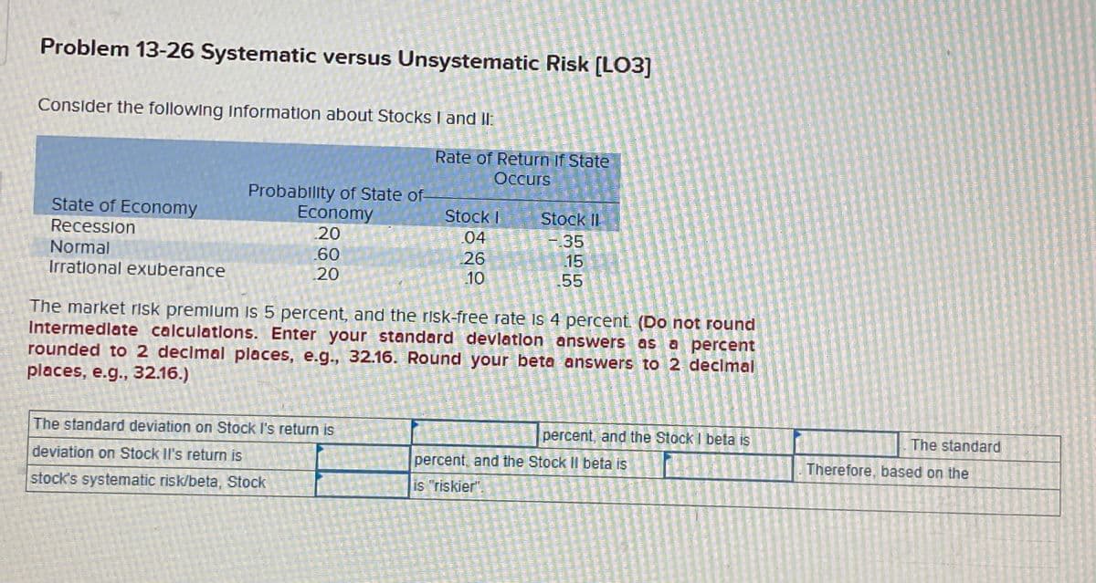 Problem 13-26 Systematic versus Unsystematic Risk [LO3]
Consider the following Information about Stocks I and II:
Rate of Return if State
Occurs
State of Economy
Recession
Probability of State of-
Economy
Stock I
Stock II
20
04
.35
Normal
.60
26
.15
Irrational exuberance
20
10
.55
The market risk premium is 5 percent, and the risk-free rate is 4 percent. (Do not round
Intermediate calculations. Enter your standard deviation answers as
rounded to 2 decimal places, e.g., 32.16. Round your beta answers to 2 decimal
a percent
places, e.g., 32.16.)
The standard deviation on Stock I's return is
deviation on Stock Il's return is
stock's systematic risk/beta, Stock
percent, and the Stock I beta is
The standard
percent, and the Stock II beta is
Therefore, based on the
is "riskier"