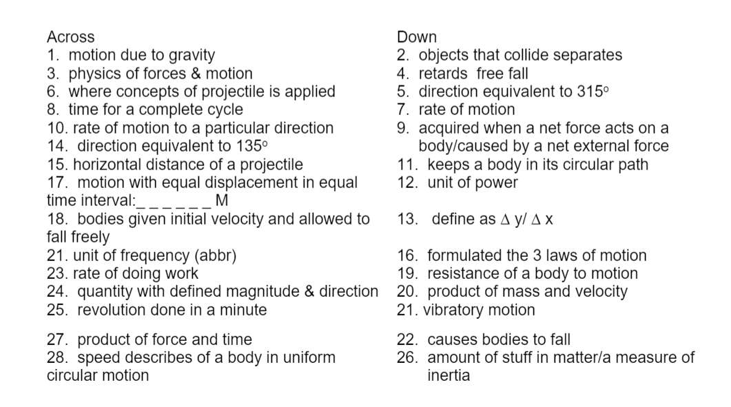 Across
1. motion due to gravity
3. physics of forces & motion
6. where concepts of projectile is applied
8. time for a complete cycle
10. rate of motion to a particular direction
14. direction equivalent to 135°
15. horizontal distance of a projectile
17. motion with equal displacement in equal
time interval:_
18. bodies given initial velocity and allowed to
fall freely
21. unit of frequency (abbr)
23. rate of doing work
24. quantity with defined magnitude & direction 20. product of mass and velocity
25. revolution done in a minute
Down
2. objects that collide separates
4. retards free fall
5. direction equivalent to 315°
7. rate of motion
9. acquired when a net force acts on a
body/caused by a net external force
11. keeps a body in its circular path
12. unit of power
M
13. define as A y/ A x
16. formulated the 3 laws of motion
19. resistance of a body to motion
21. vibratory motion
27. product of force and time
28. speed describes of a body in uniform
circular motion
22. causes bodies to fall
26. amount of stuff in matter/a measure of
inertia
