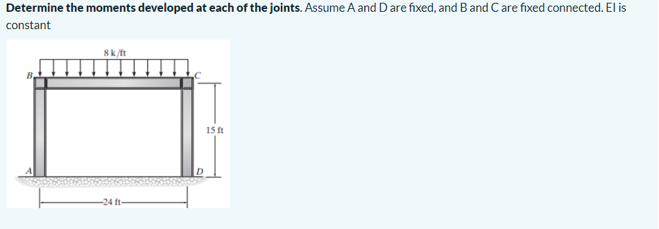 Determine the moments developed at each of the joints. Assume A and D are fixed, and B and C are fixed connected. El is
constant
8 k/ft
-24 ft-
15 ft