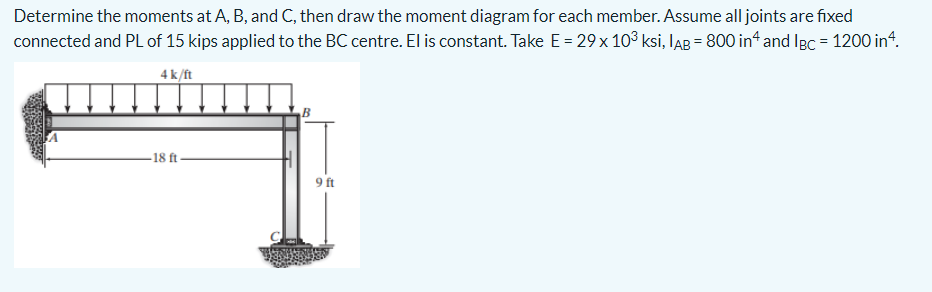 Determine the moments at A, B, and C, then draw the moment diagram for each member. Assume all joints are fixed
connected and PL of 15 kips applied to the BC centre. El is constant. Take E = 29 x 10³ ksi, IAB = 800 in4 and lgc = 1200 in 4.
4 k/ft
18 ft.
9 ft