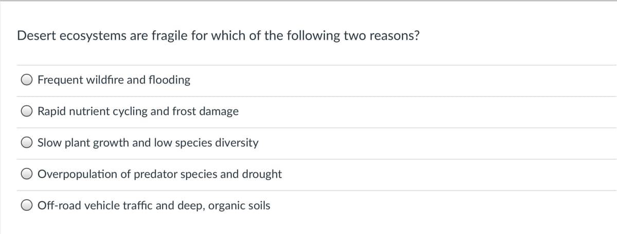 Desert ecosystems are fragile for which of the following two reasons?
Frequent wildfire and flooding
Rapid nutrient cycling and frost damage
Slow plant growth and low species diversity
Overpopulation of predator species and drought
Off-road vehicle traffic and deep, organic soils
