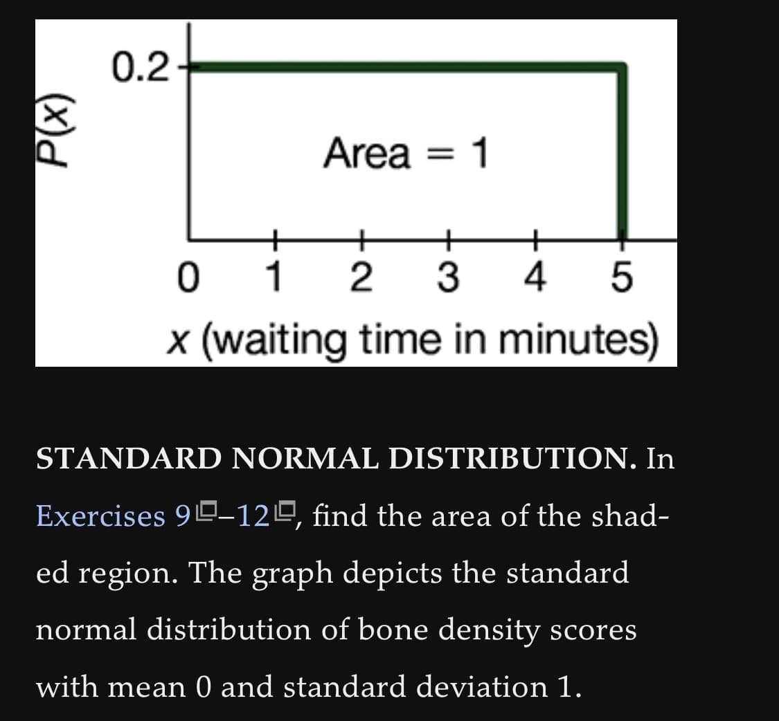 0.2
Area
=
1
+
0 1 2 3 4
5
x (waiting time in minutes)
STANDARD NORMAL DISTRIBUTION. In
Exercises 9-12, find the area of the shad-
ed region. The graph depicts the standard
normal distribution of bone density scores
with mean 0 and standard deviation 1.