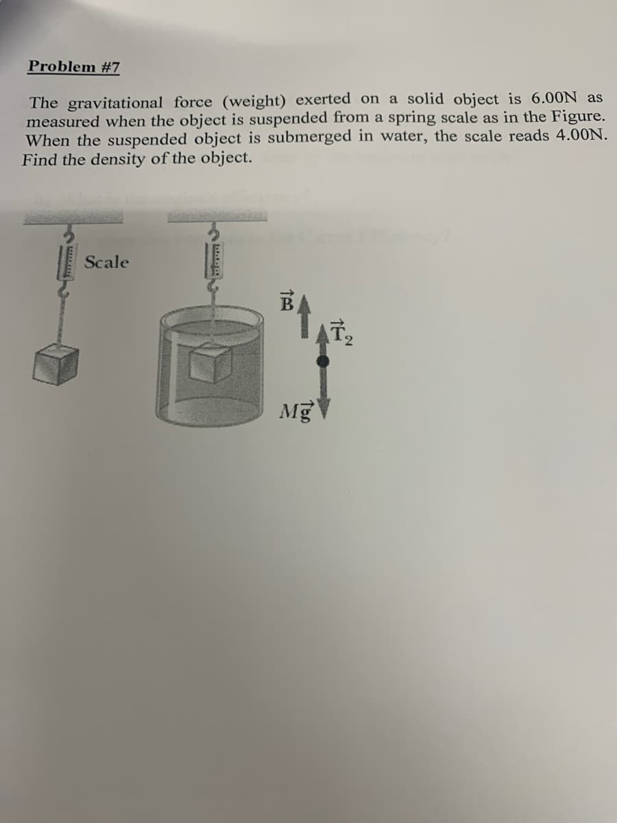 Problem #7
The gravitational force (weight) exerted on a solid object is 6.00N as
measured when the object is suspended from a spring scale as in the Figure.
When the suspended object is submerged in water, the scale reads 4.00N.
Find the density of the object.
Scale
MgV
