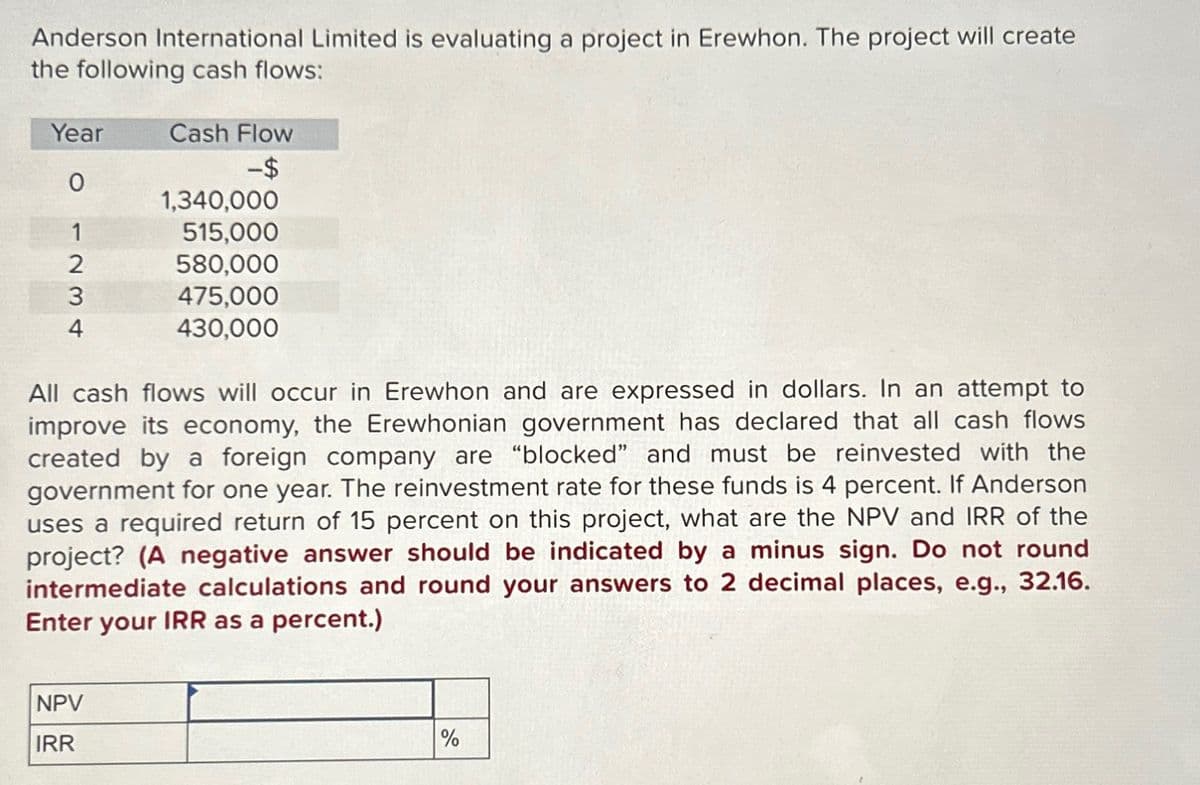 Anderson International Limited is evaluating a project in Erewhon. The project will create
the following cash flows:
Year
O
1234
Cash Flow
-$
NPV
IRR
1,340,000
515,000
580,000
475,000
430,000
All cash flows will occur in Erewhon and are expressed in dollars. In an attempt to
improve its economy, the Erewhonian government has declared that all cash flows
created by a foreign company are "blocked" and must be reinvested with the
government for one year. The reinvestment rate for these funds is 4 percent. If Anderson
uses a required return of 15 percent on this project, what are the NPV and IRR of the
project? (A negative answer should be indicated by a minus sign. Do not round
intermediate calculations and round your answers to 2 decimal places, e.g., 32.16.
Enter your IRR as a percent.)
%