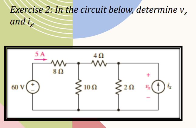 Exercise 2: In the circuit below, determine V,
and ix
60 V
5 A
8 Ω
4Ω
10 Ω
2 Ω