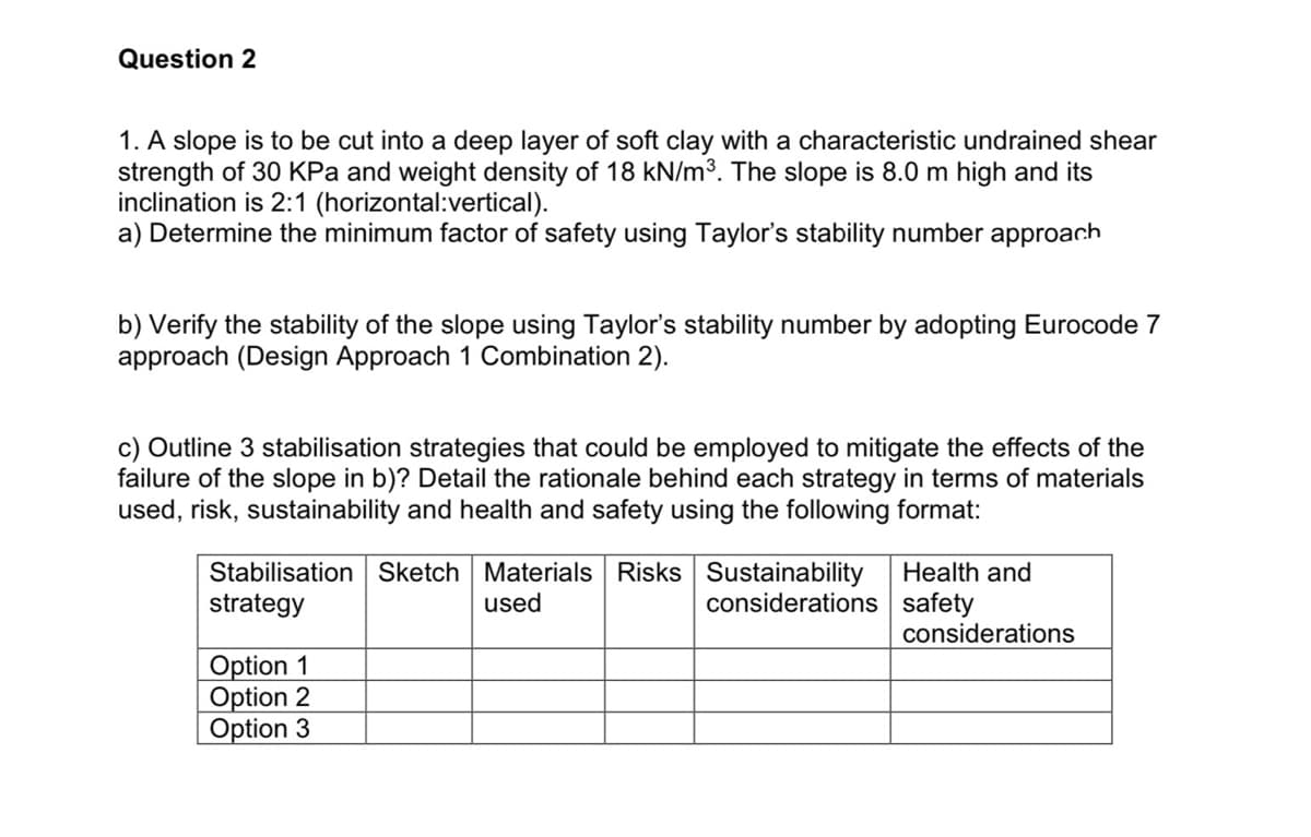 Question 2
1. A slope is to be cut into a deep layer of soft clay with a characteristic undrained shear
strength of 30 KPa and weight density of 18 kN/m³. The slope is 8.0 m high and its
inclination is 2:1 (horizontal:vertical).
a) Determine the minimum factor of safety using Taylor's stability number approach
b) Verify the stability of the slope using Taylor's stability number by adopting Eurocode 7
approach (Design Approach 1 Combination 2).
c) Outline 3 stabilisation strategies that could be employed to mitigate the effects of the
failure of the slope in b)? Detail the rationale behind each strategy in terms of materials
used, risk, sustainability and health and safety using the following format:
Stabilisation Sketch Materials Risks Sustainability
strategy
used
considerations
Option 1
Option 2
Option 3
Health and
safety
considerations