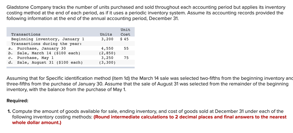 Gladstone Company tracks the number of units purchased and sold throughout each accounting period but applies its inventory
costing method at the end of each period, as if it uses a periodic inventory system. Assume its accounting records provided the
following information at the end of the annual accounting period, December 31.
Unit
Transactions
Units
Cost
$ 45
Beginning inventory, January 1
Transactions during the year:
Purchase, January 30
Sale, March 14 ($100 each)
Purchase, May 1
Sale, August 31 ($100 each)
3,200
4,550
(2,850)
3,250
(3,300)
а.
55
b.
с.
75
d.
Assuming that for Specific identification method (item 1d) the March 14 sale was selected two-fifths from the beginning inventory and
three-fifths from the purchase of January 30. Assume that the sale of August 31 was selected from the remainder of the beginning
inventory, with the balance from the purchase of May 1.
Required:
1. Compute the amount of goods available for sale, ending inventory, and cost of goods sold at December 31 under each of the
following inventory costing methods: (Round intermediate calculations to 2 decimal places and final answers to the nearest
whole dollar amount.)
