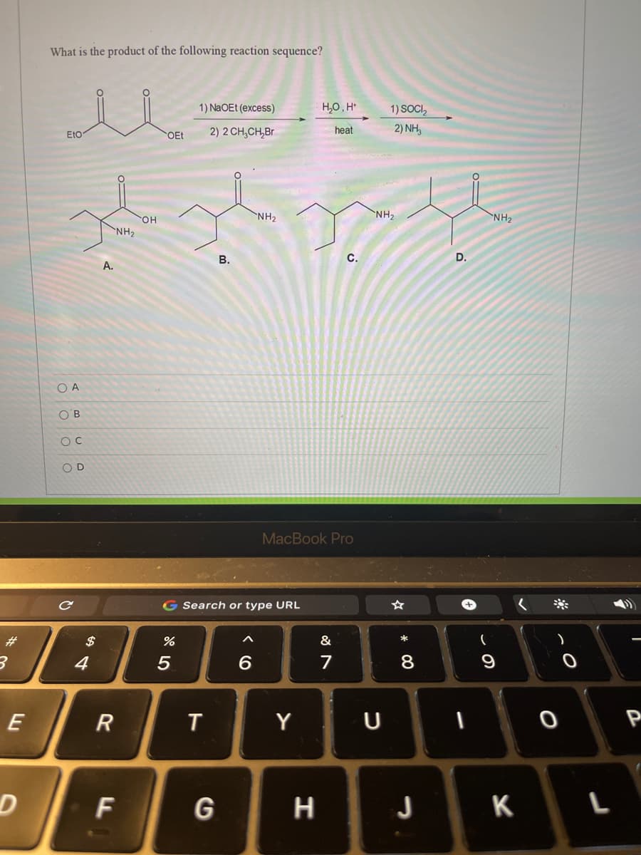 What is the product of the following reaction sequence?
1) NaOEt (excess)
H,0, H*
1) SOCI,
EtO
2) 2 CH,CH,Br
heat
2) NH,
OEt
`NH2
`NH2
`NH2
NH2
В.
C.
D.
A.
O A
O'B
O D
MacBook Pro
G Search or type URL
#3
&
*
$
E
T
Y
D
F
G
H
K
* CO
