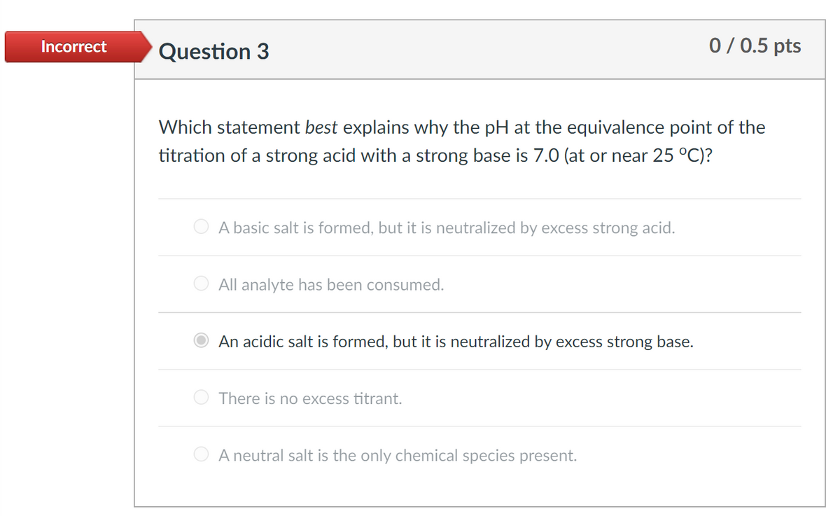 Incorrect
Question 3
0 / 0.5 pts
Which statement best explains why the pH at the equivalence point of the
titration of a strong acid with a strong base is 7.0 (at or near 25 °C)?
A basic salt is formed, but it is neutralized by excess strong acid.
All analyte has been consumed.
An acidic salt is formed, but it is neutralized by excess strong base.
There is no excess titrant.
O A neutral salt is the only chemical species present.
