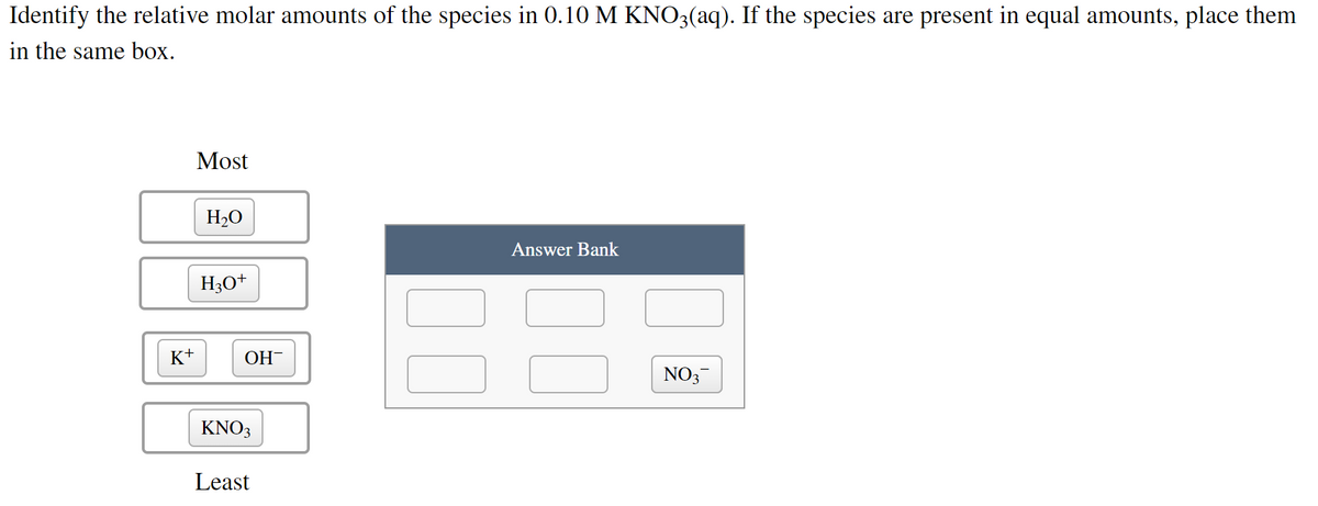 Identify the relative molar amounts of the species in 0.10 M KNO3(aq). If the species are present in equal amounts, place them
in the same box.
Most
H2O
Answer Bank
H30+
K+
OH-
NO3-
KNO3
Least
