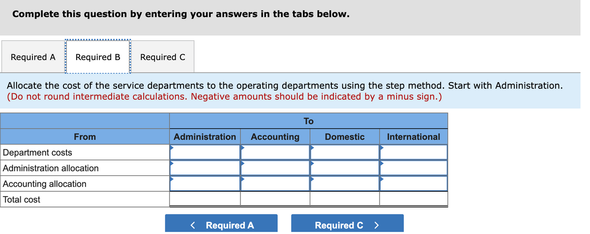 Complete this question by entering your answers in the tabs below.
Required A
Required B
Required C
Allocate the cost of the service departments to the operating departments using the step method. Start with Administration.
(Do not round intermediate calculations. Negative amounts should be indicated by a minus sign.)
Tо
From
Administration
Accounting
Domestic
International
Department costs
Administration allocation
Accounting allocation
Total cost
< Required A
Required C
