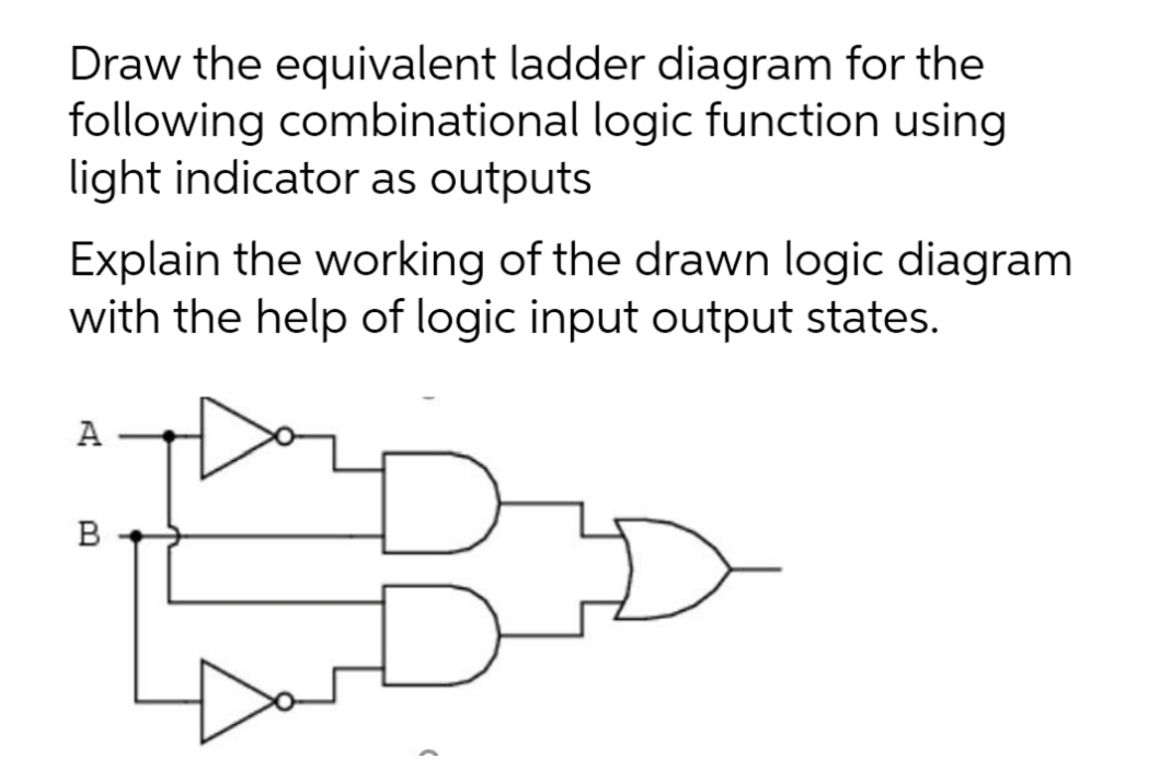Draw the equivalent ladder diagram for the
following combinational logic function using
light indicator as outputs
Explain the working of the drawn logic diagram
with the help of logic input output states.
A
