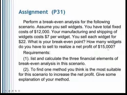 Assignment (P31)
Perform a break-even analysis for the following
scenario. Assume you sell widgets. You have total fixed
costs of $12,000. Your manufacturing and shipping of
widgets costs $7 per widget. You sell each widget for
$22. What is your break-even point? How many widgets
do you have to sell to realize a net profit of $15,000?
Requirements:
(1). list and calculate the three financial elements of
break-even analysis in this scenario.
(2). To find one method you think is the most suitable
for this scenario to increase the net profit. Give some
explanation of your method.
