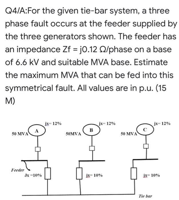 Q4/A:For the given tie-bar system, a three
phase fault occurs at the feeder supplied by
the three generators shown. The feeder has
an impedance Zf = j0.12 22/phase on a base
of 6.6 kV and suitable MVA base. Estimate
the maximum MVA that can be fed into this
symmetrical fault. All values are in p.u. (15
M)
50 MVA
Feeder
A
Jx=10%
jx=12%
50MVA
B
jx-12%
jx= 10%
50 MVA
C
jx-12%
jx=10%
Tie bar