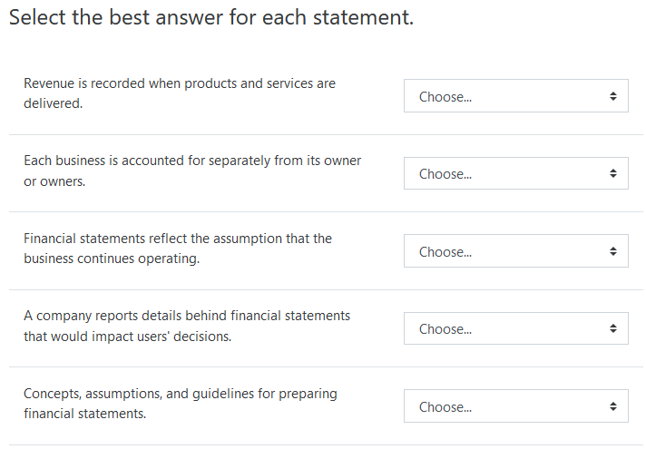 Select the best answer for each statement.
Revenue is recorded when products and services are
Choose.
delivered.
Each business is accounted for separately from its owner
Choose.
or owners.
Financial statements reflect the assumption that the
business continues operating.
Choose.
A company reports details behind financial statements
Choose.
that would impact users' decisions.
Concepts, assumptions, and guidelines for preparing
Choose.
financial statements.
